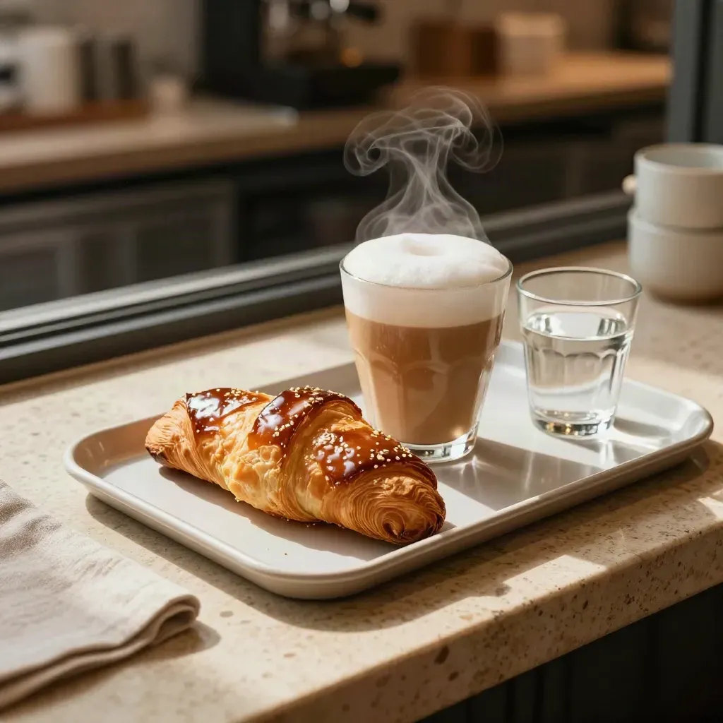 Cappuccino e cornetti su vassoio chiaro con bicchiere d’acqua, luce mattutina calda.