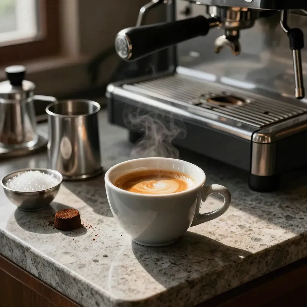Espresso in tazza, macinacaffè e zuccheriera su banco di pietra, con vapore e luce calda.