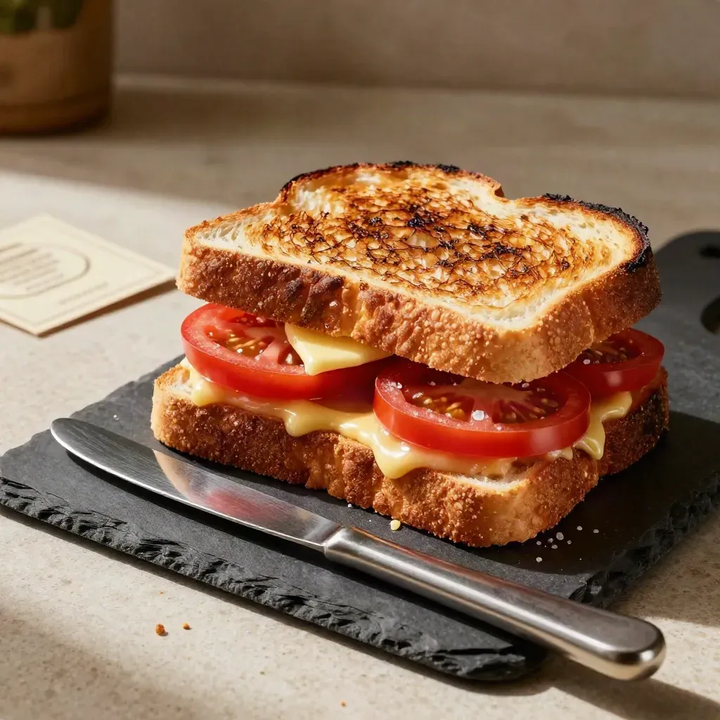 Toast di colazione con pomodoro e burro su ardesia in luce calda