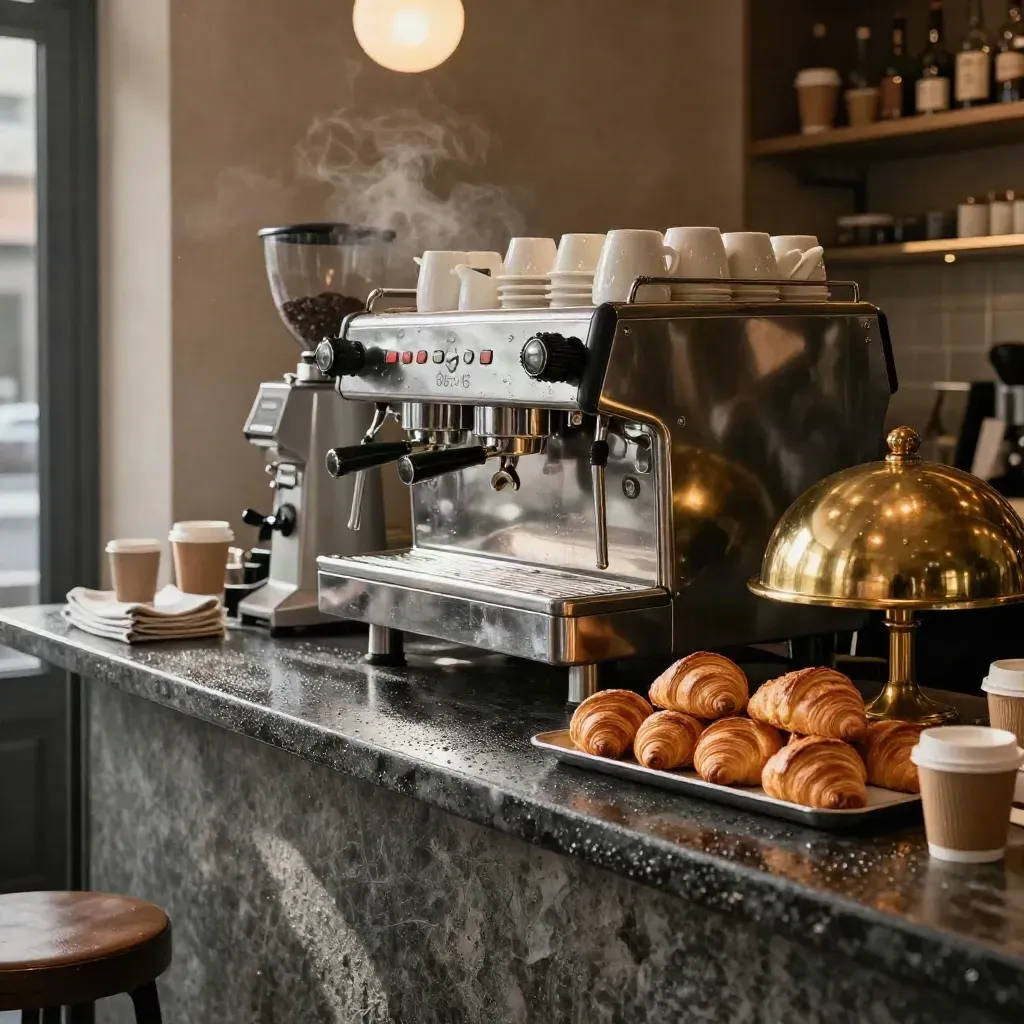 Bar italiano all’alba con macchina espresso, cornetti, tazze e vapore in luce drammatica