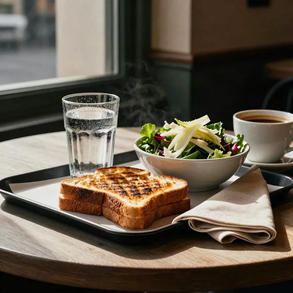 Vassoio con toast, insalata mista, acqua fresca e tovagliolo piegato su tavolo di legno chiaro.