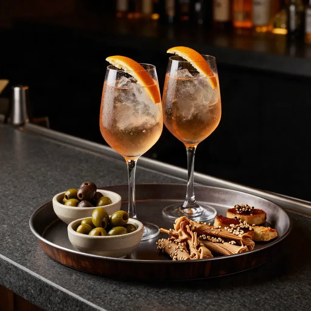 Vassoio aperitivo con spritz, olive e taralli, illuminato nel bar dopo il lavoro.