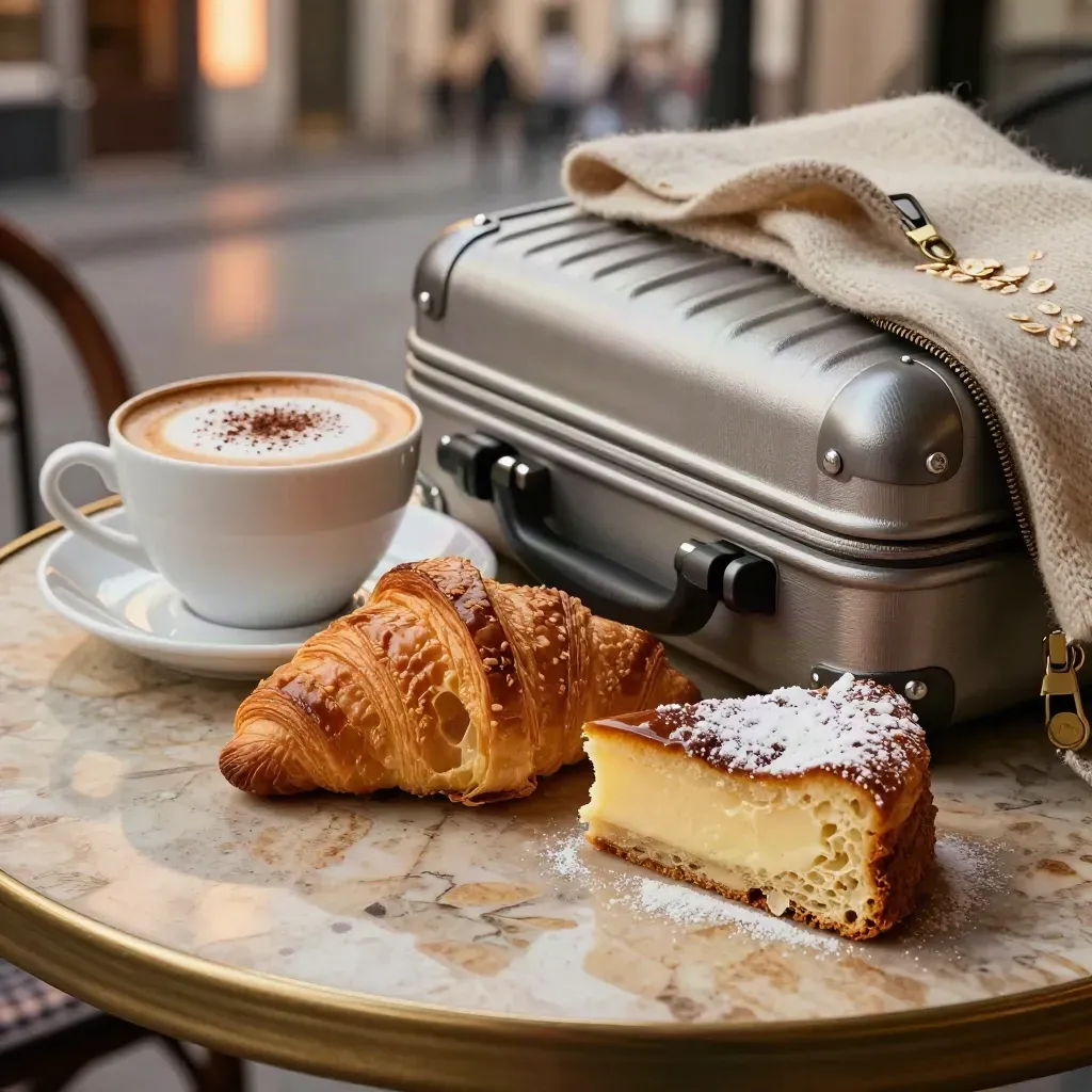 Macro di cappuccino, cornetto e torta accanto a valigia e sciarpa su tavolino.