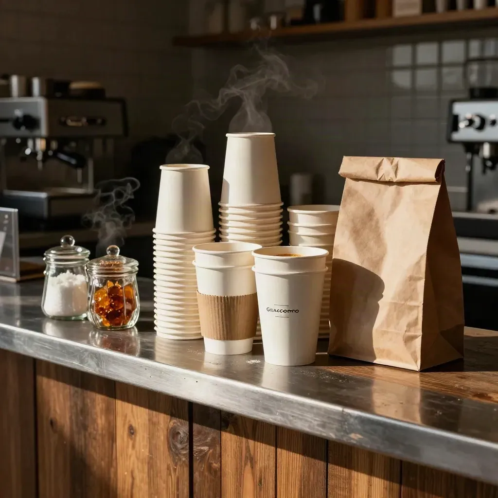 Palette di caffè d’asporto sul banco, con tazze, sacchetto e vapore.