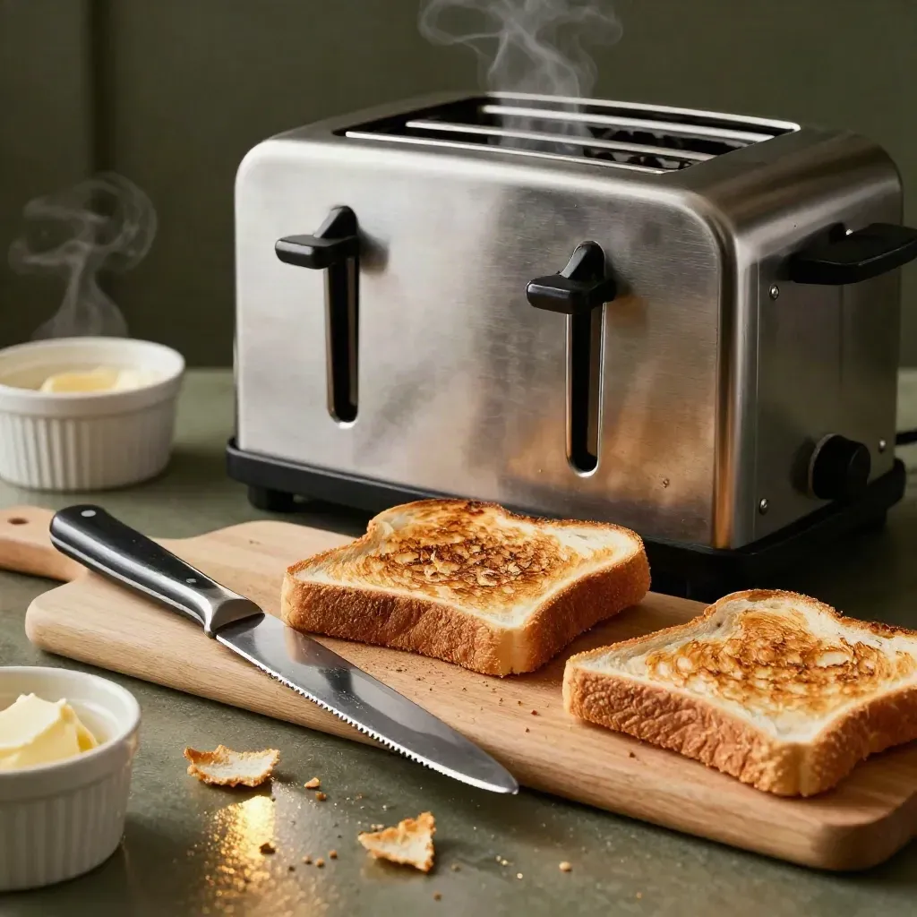 Pressa tostapane, coltello seghettato, tagliere e briciole di toast su acciaio inox