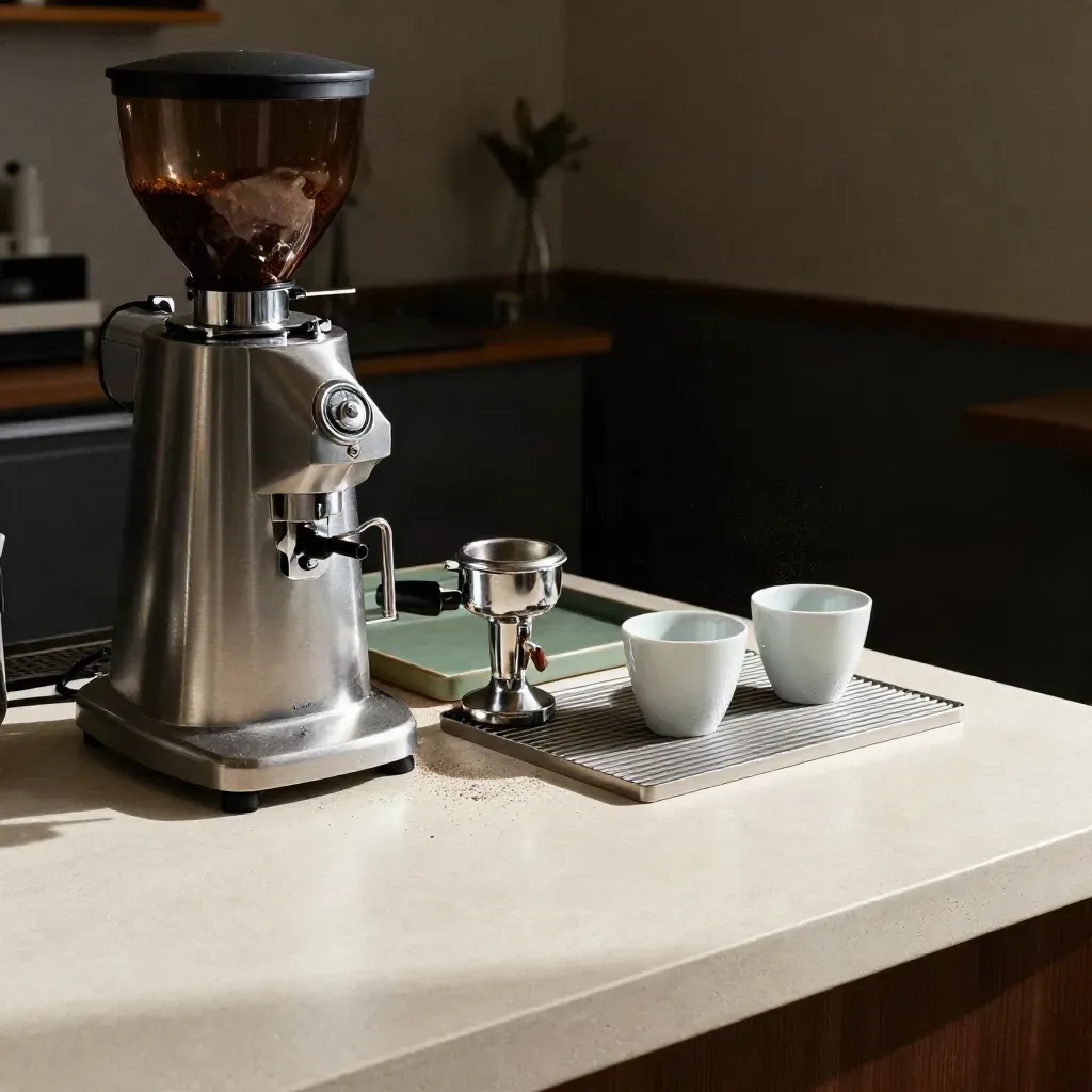 Macinacaffè, portafiltro, due tazze e tappetino su piano chiaro