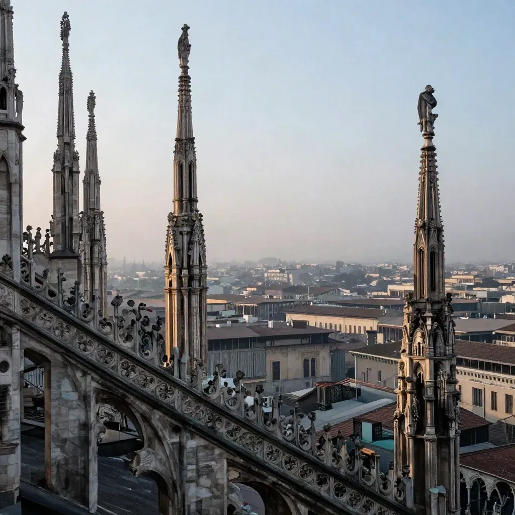 Spire del Duomo tra la nebbia all’alba, tetti di Milano sfumati e luce morbida.