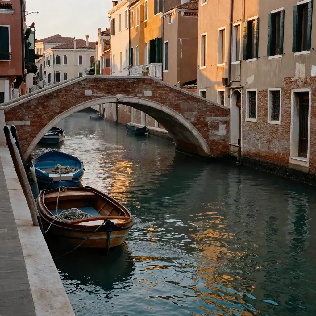 Canale dei Navigli al tramonto con ponte in mattoni e barche ormeggiate nella foschia
