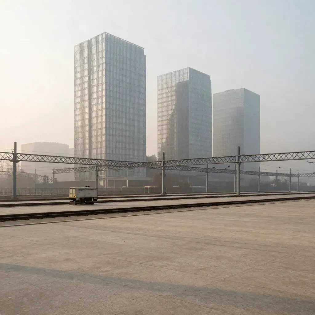 Torre di Milano Nord e binari avvolti nella nebbia, con ampio spazio calmo per il testo.